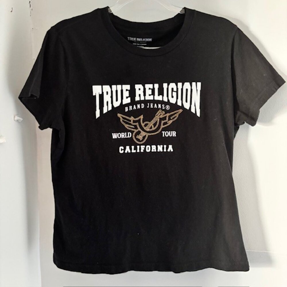 True Religion T Shirt XL Black Short Sleeve Copper Rhinestone Spellout Rock Y2K